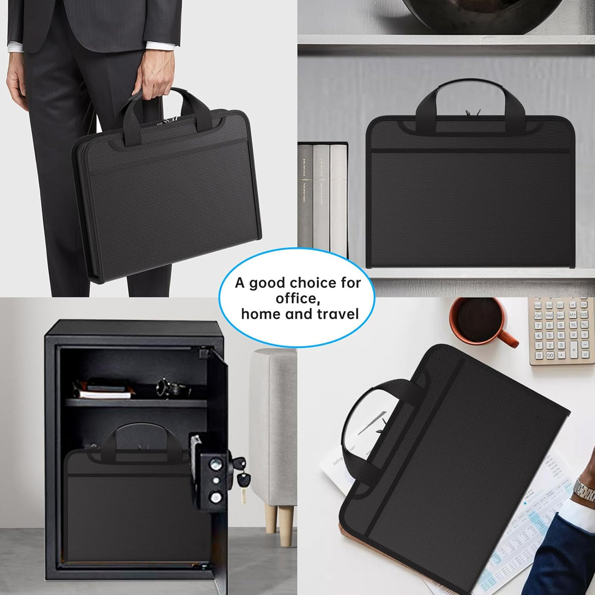 Fireproof Organ Folder with Handle Zipper Black Multi-Pocket