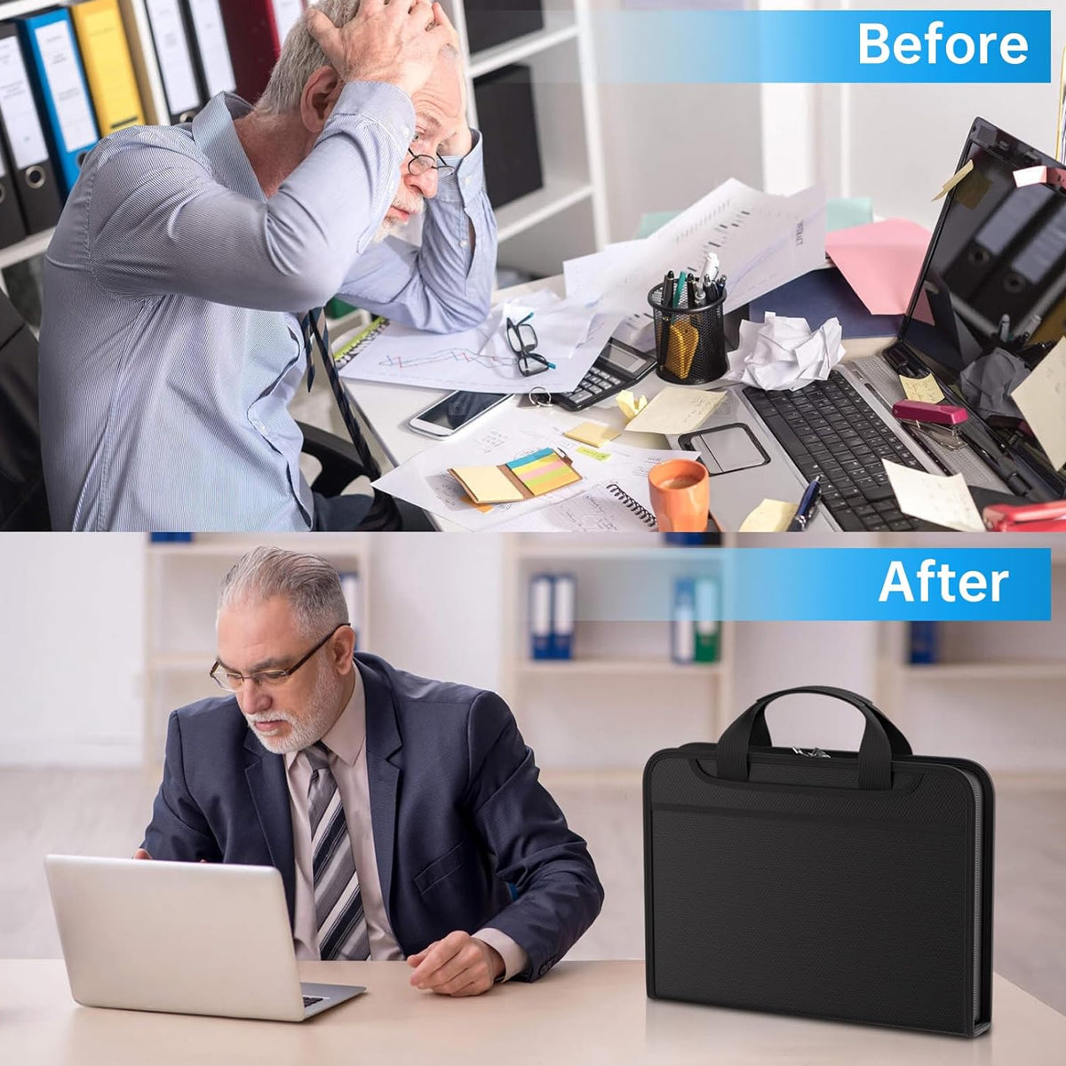 Fireproof Organ Folder with Handle Zipper Black Multi-Pocket