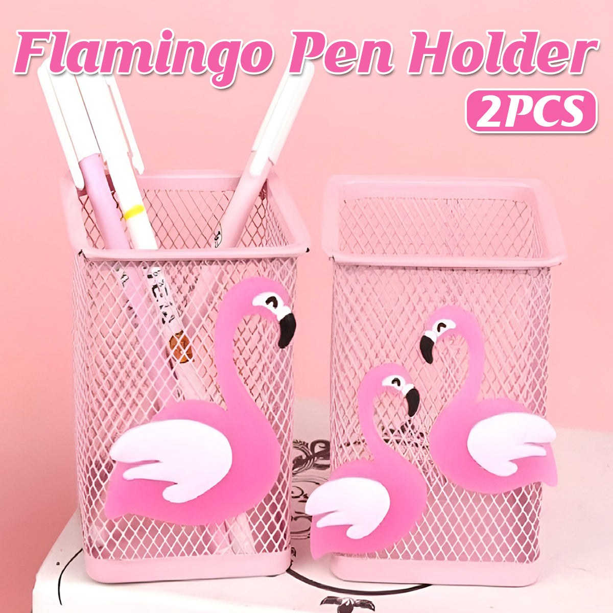 2 Pcs Mesh Pen Holder Flamingo Design Pink Metal Organiser