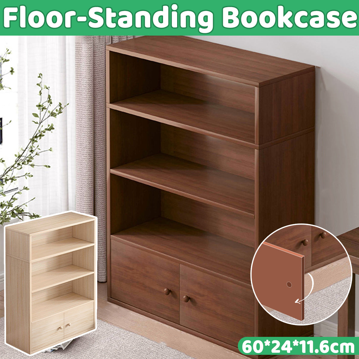 4-Tier Floor-Standing Bookshelf with Cabinet