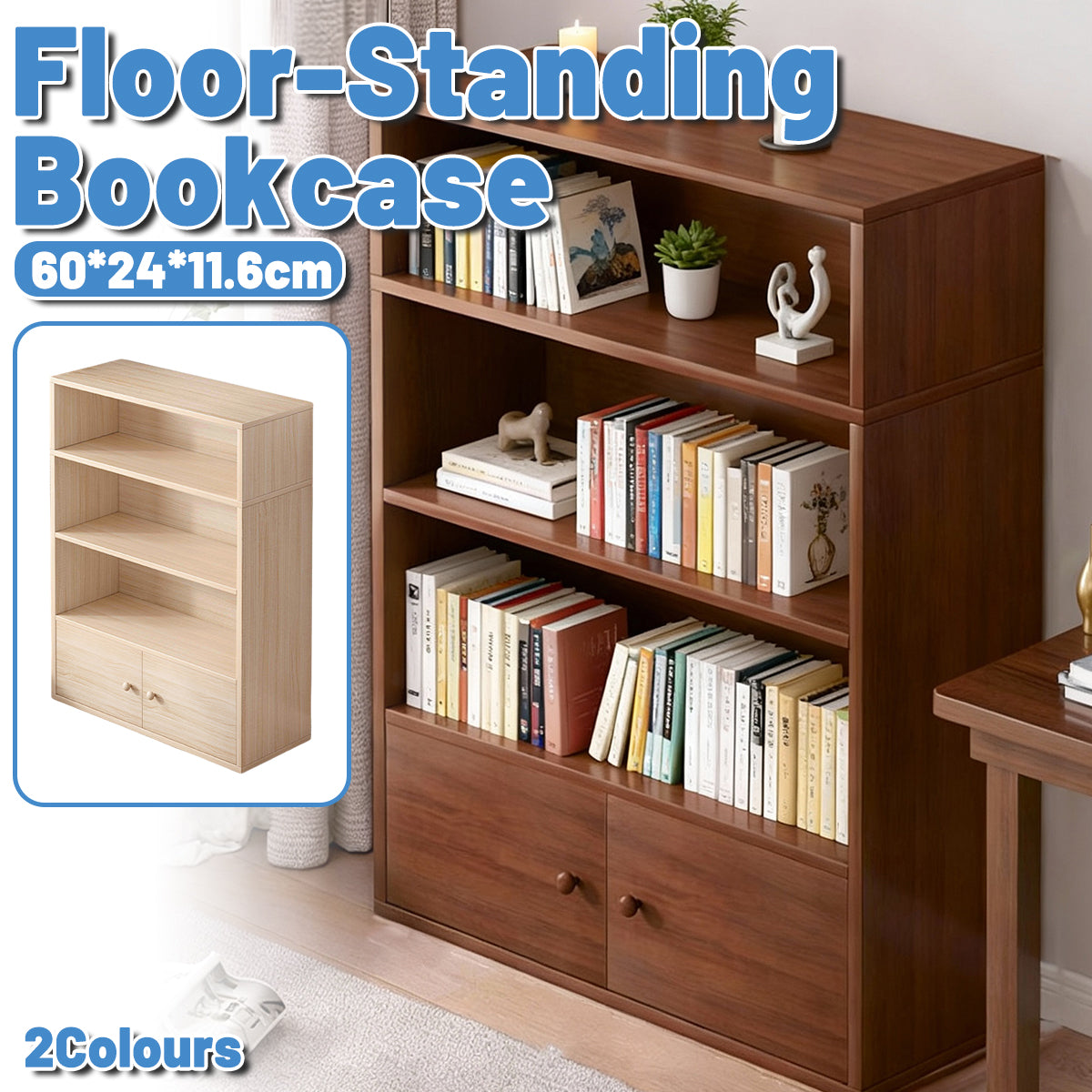 4-Tier Floor-Standing Bookshelf with Cabinet