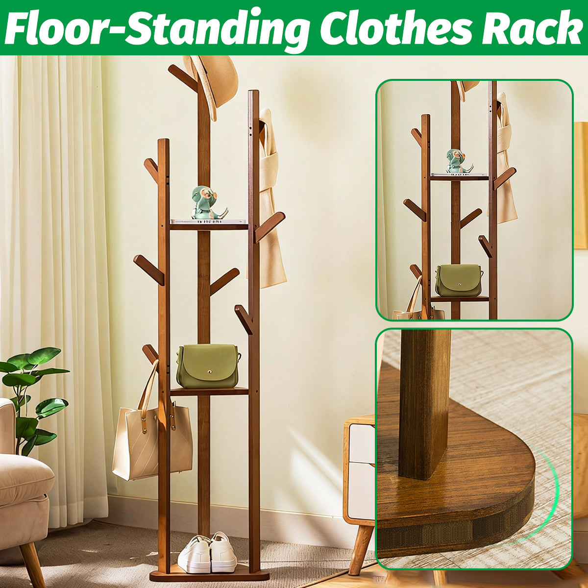 Bamboo Floor Standing Clothes Rack with 8 Hooks