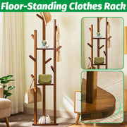 Bamboo Floor Standing Clothes Rack with 8 Hooks