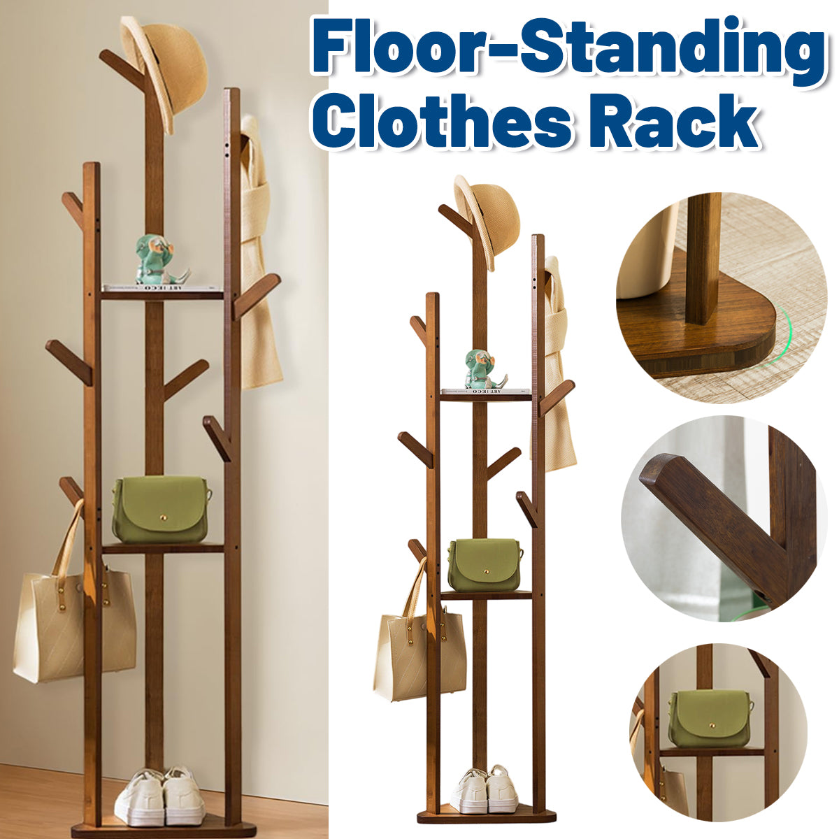 Bamboo Floor Standing Clothes Rack with 8 Hooks