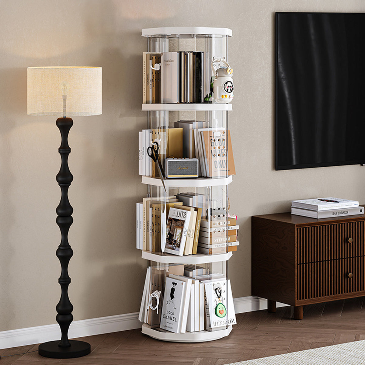 Floor Standing Rotating Bookshelf Clear Panels