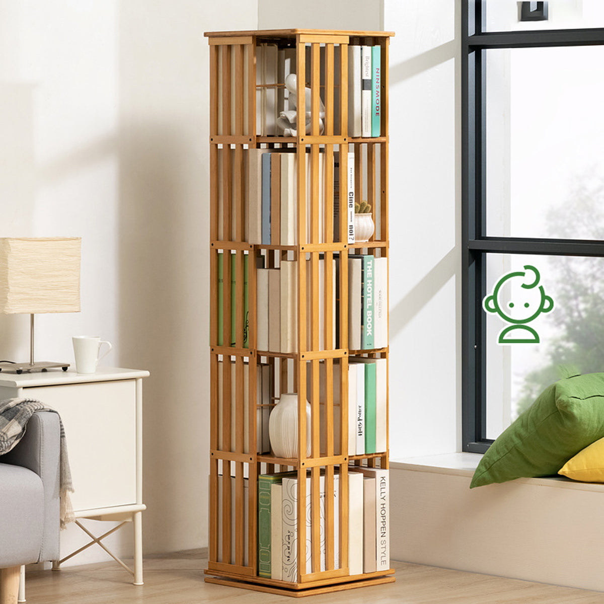 5-Shelf Rotating Bamboo Bookshelf 360 Floor Stand