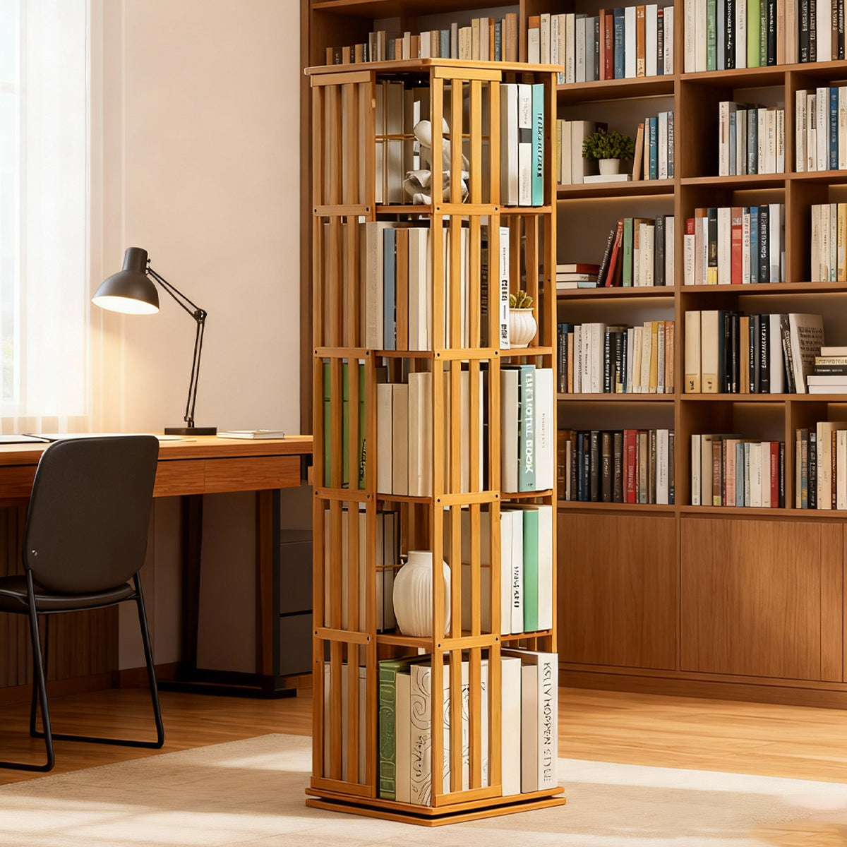 5-Shelf Rotating Bamboo Bookshelf 360 Floor Stand