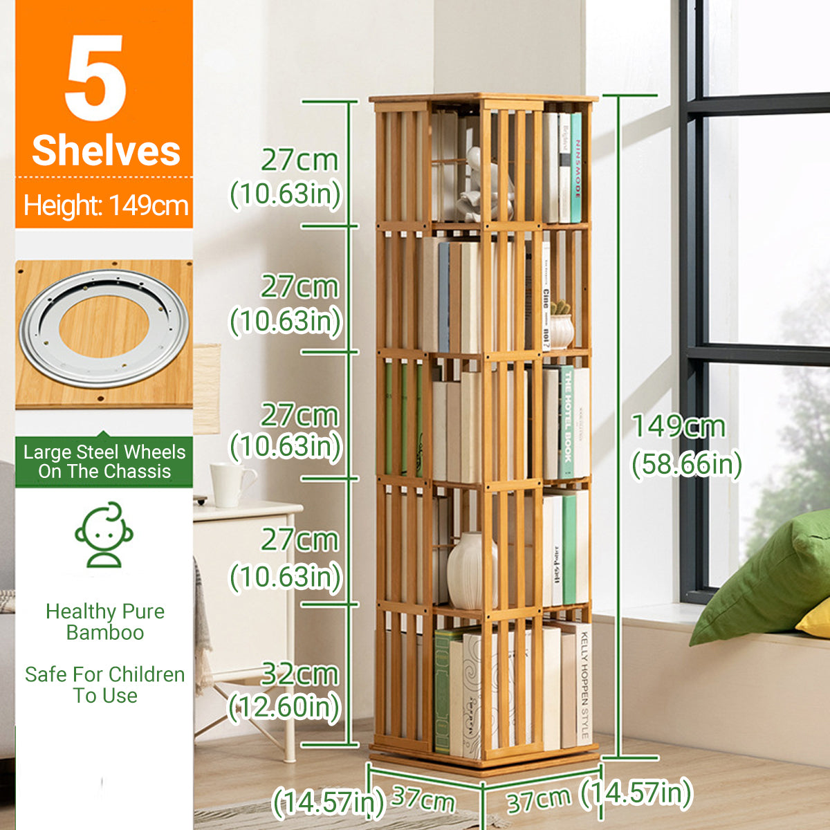 5-Shelf Rotating Bamboo Bookshelf 360 Floor Stand