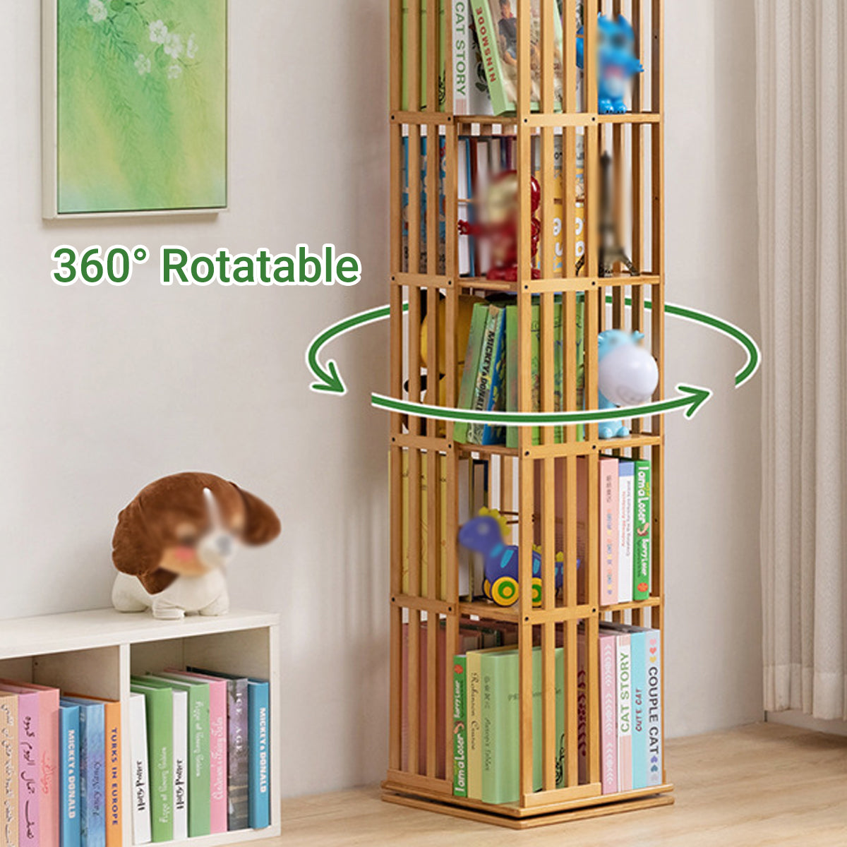 5-Shelf Rotating Bamboo Bookshelf 360 Floor Stand