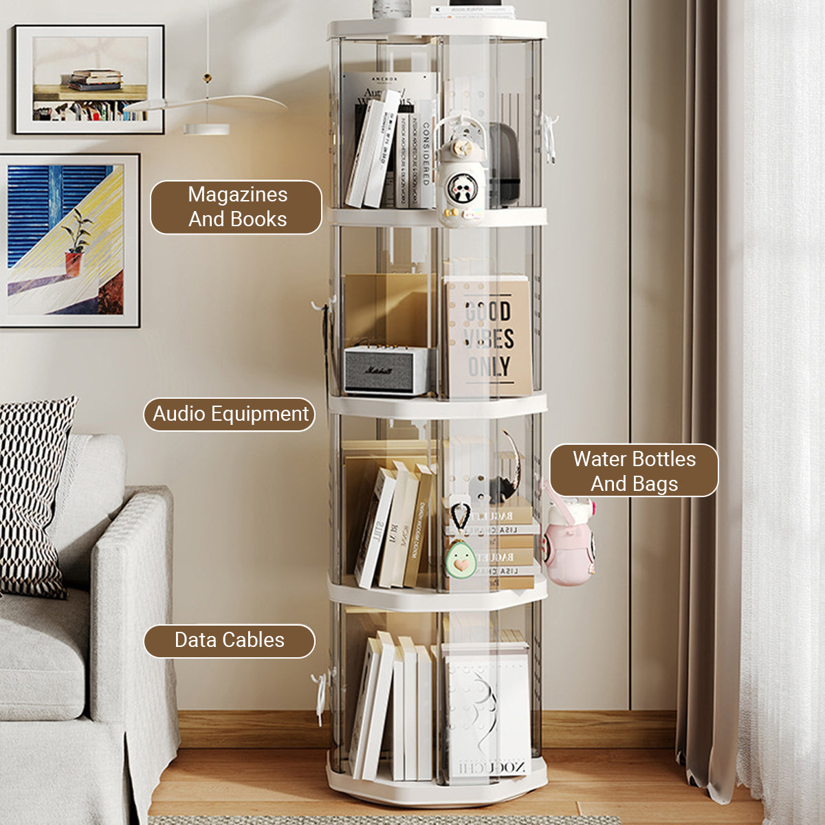 Floor Standing Rotating Bookshelf Clear Panels