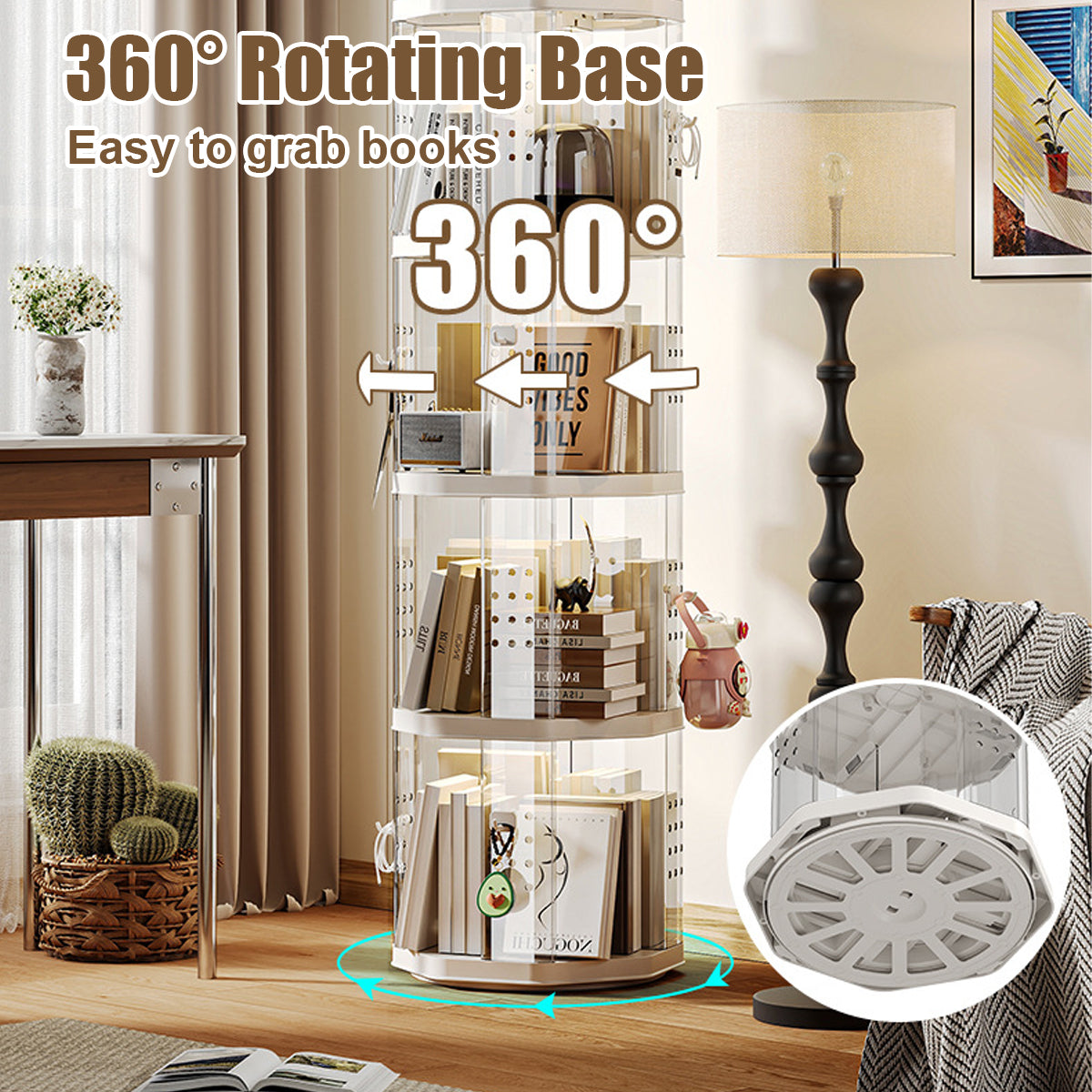 Floor Standing Rotating Bookshelf Clear Panels