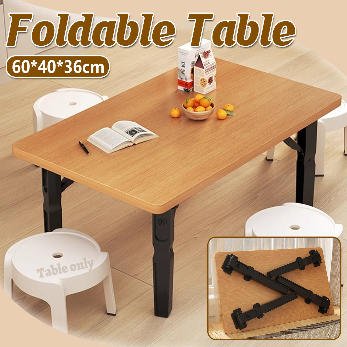Foldable Small Square Table with Light Wood Top and Metal Legs