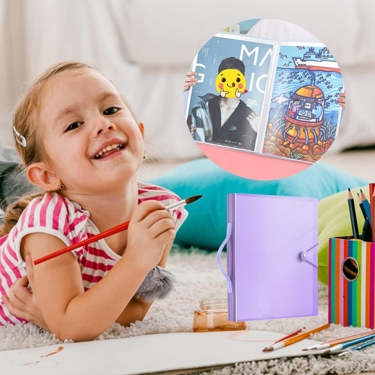 A3/8K Kids Drawing Book Storage Album with Handle 120-Sheet Capacity