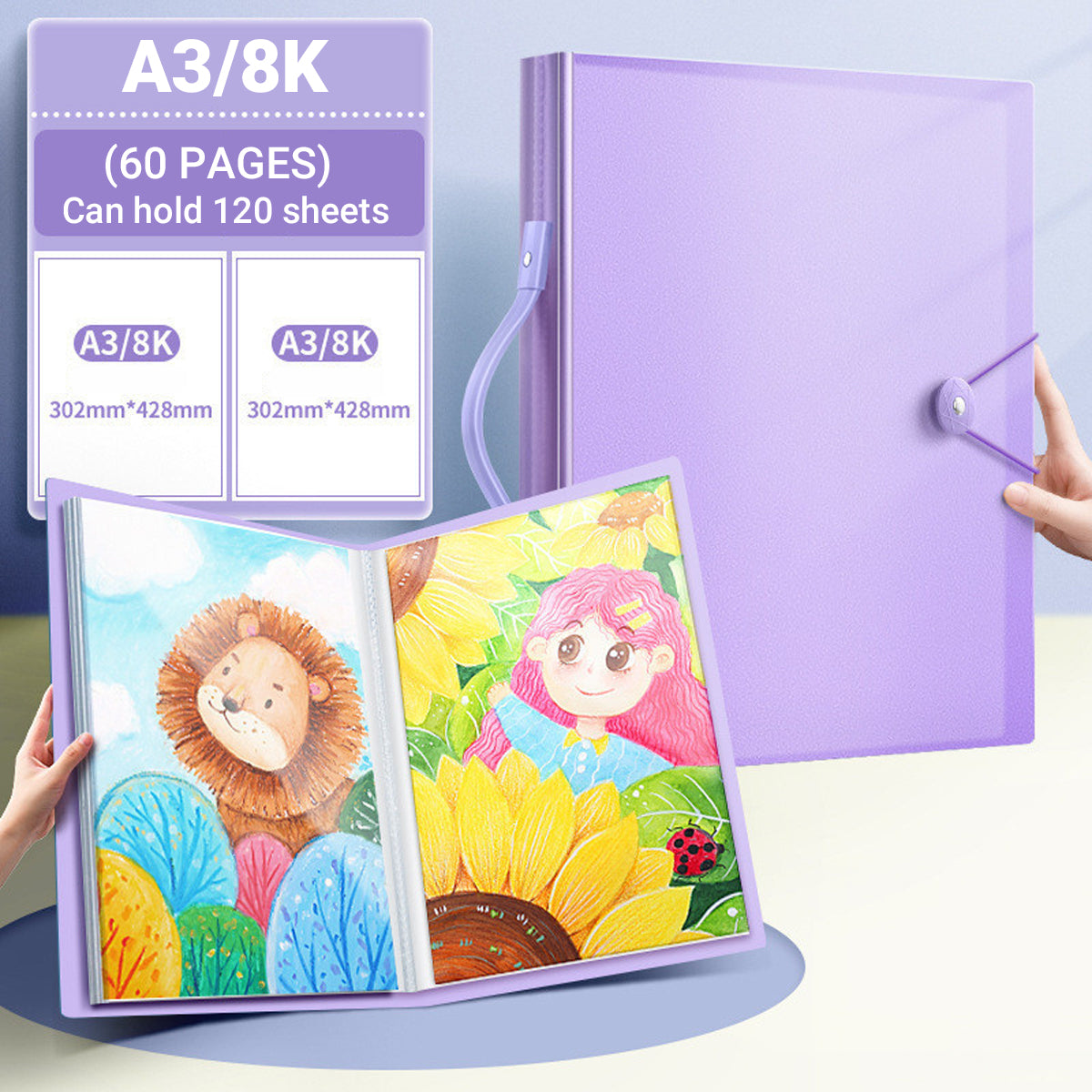 A3/8K Kids Drawing Book Storage Album with Handle 120-Sheet Capacity