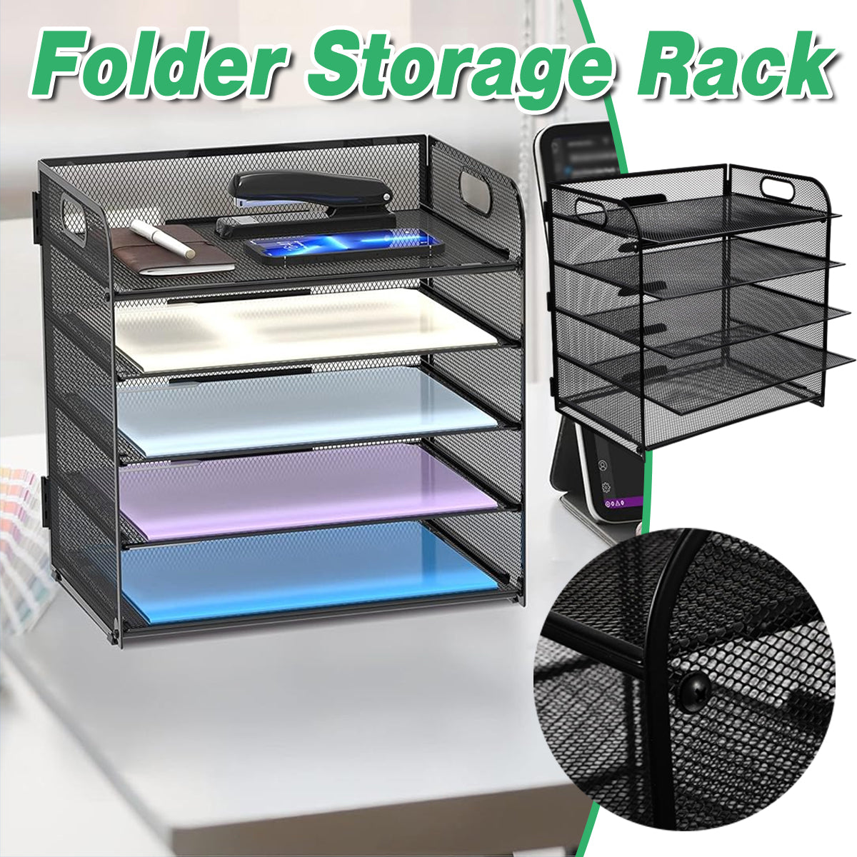 5-Tier Mesh Desk File Organizer with Handles Document Storage Rack