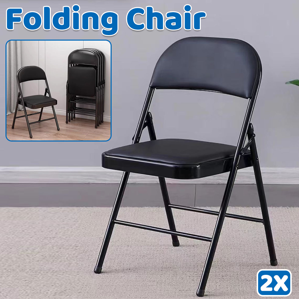 2 Pcs Folding Chairs with PU Leather Seat
