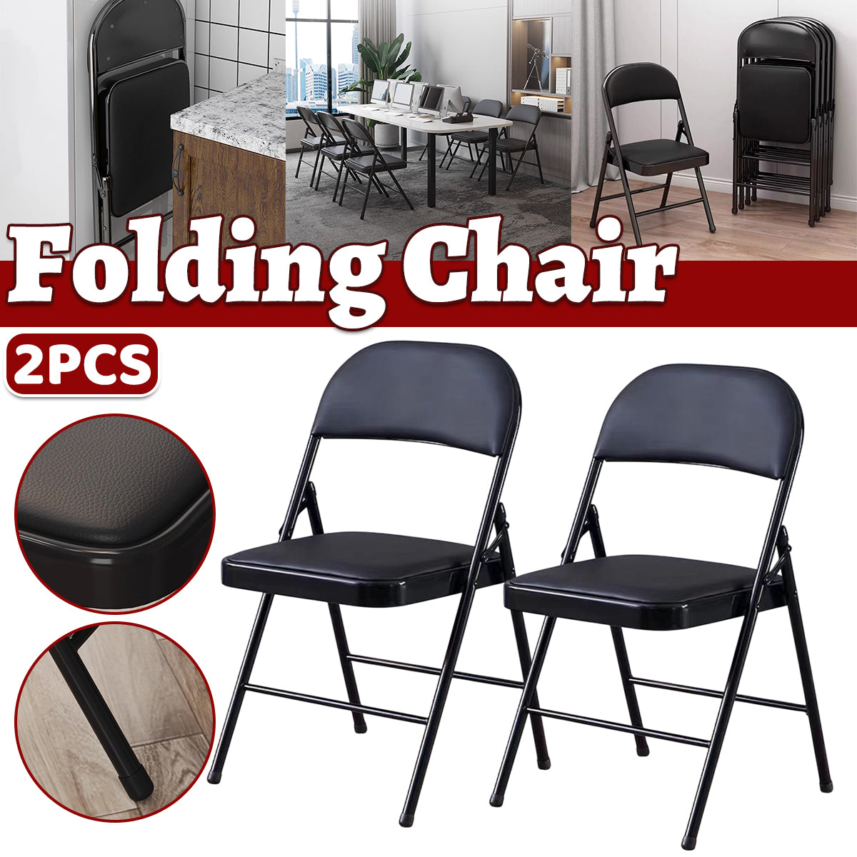 2 Pcs Folding Chairs with PU Leather Seat