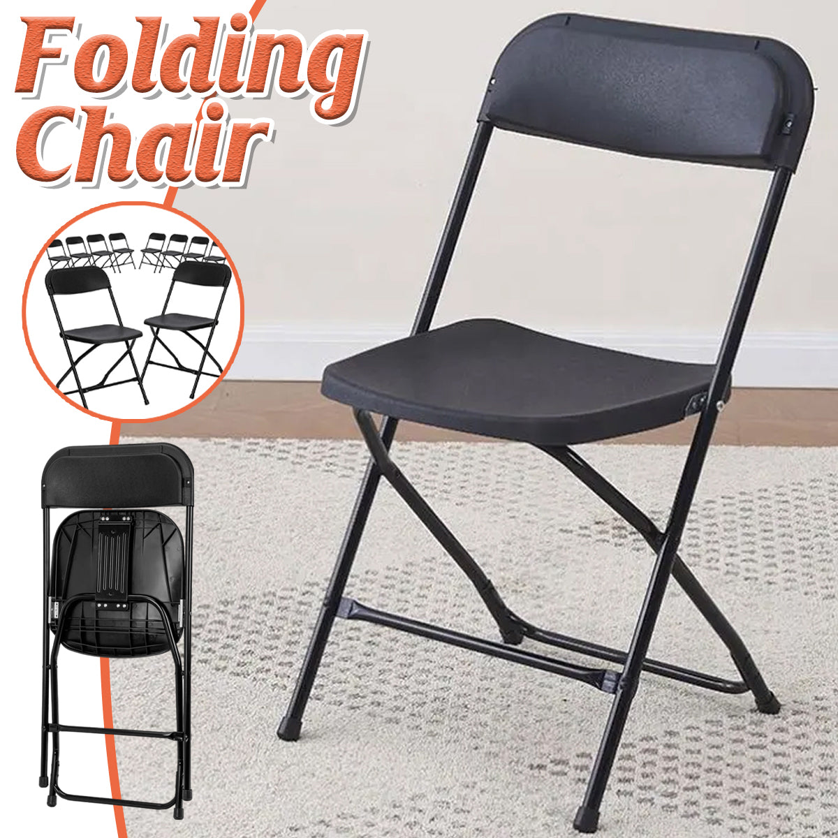 Folding Chair with Backrest Portable Metal Frame Seating for Indoor Outdoor
