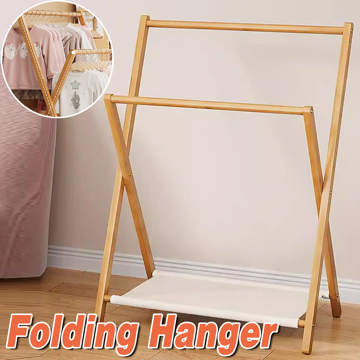 Foldable Bamboo Clothes Rack with Fabric Shelf