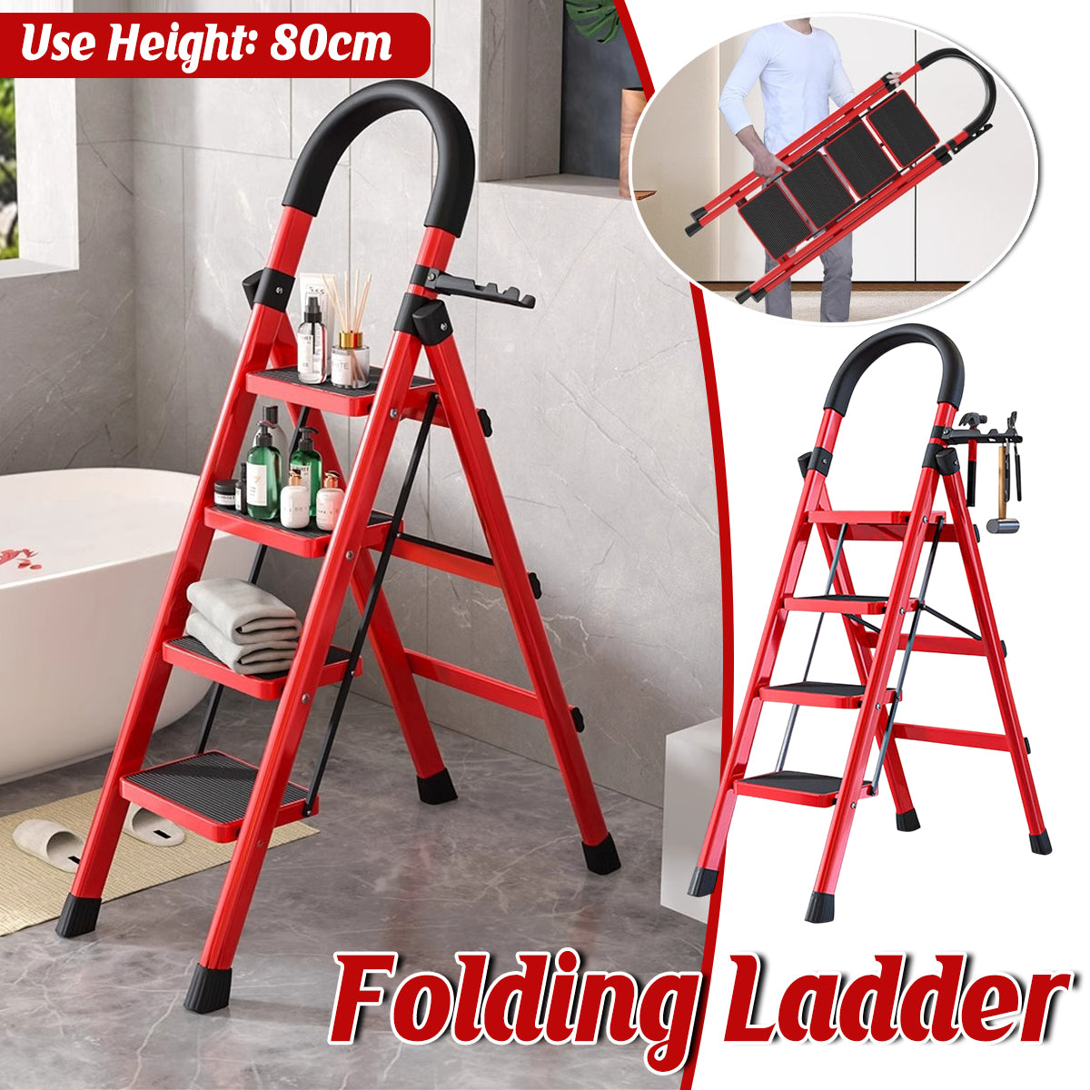 4 Step Carbon Steel Folding Ladder Heavy Duty Home Use