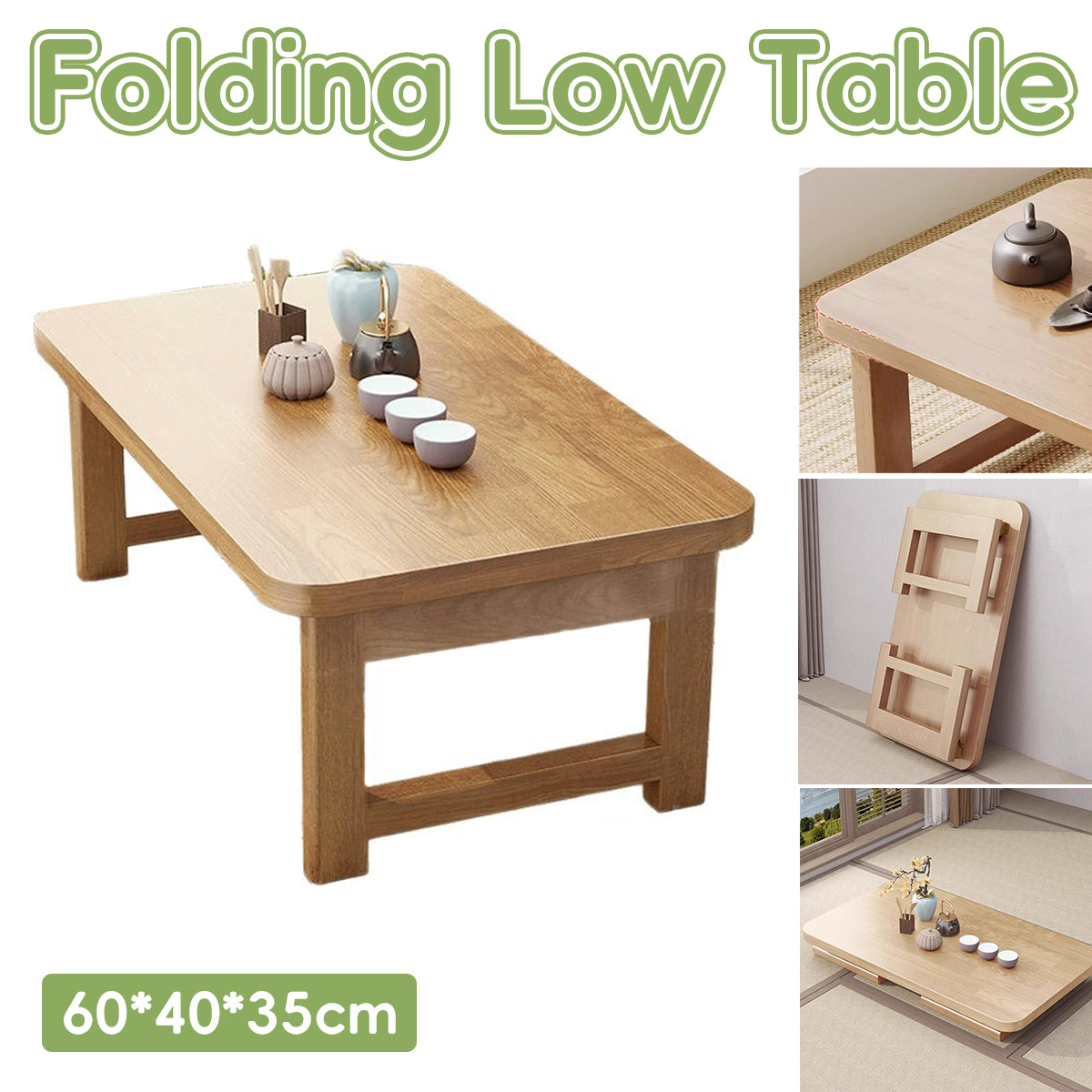 Foldable Solid Wood Low Table with Compact Space-Saving Design