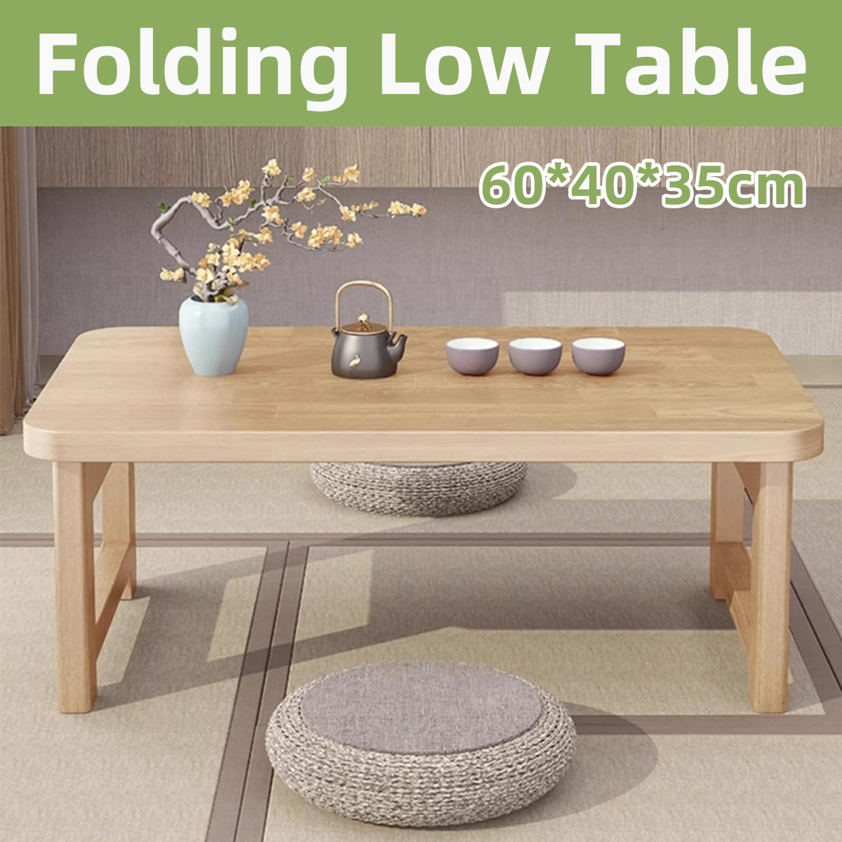 Foldable Solid Wood Low Table with Compact Space-Saving Design