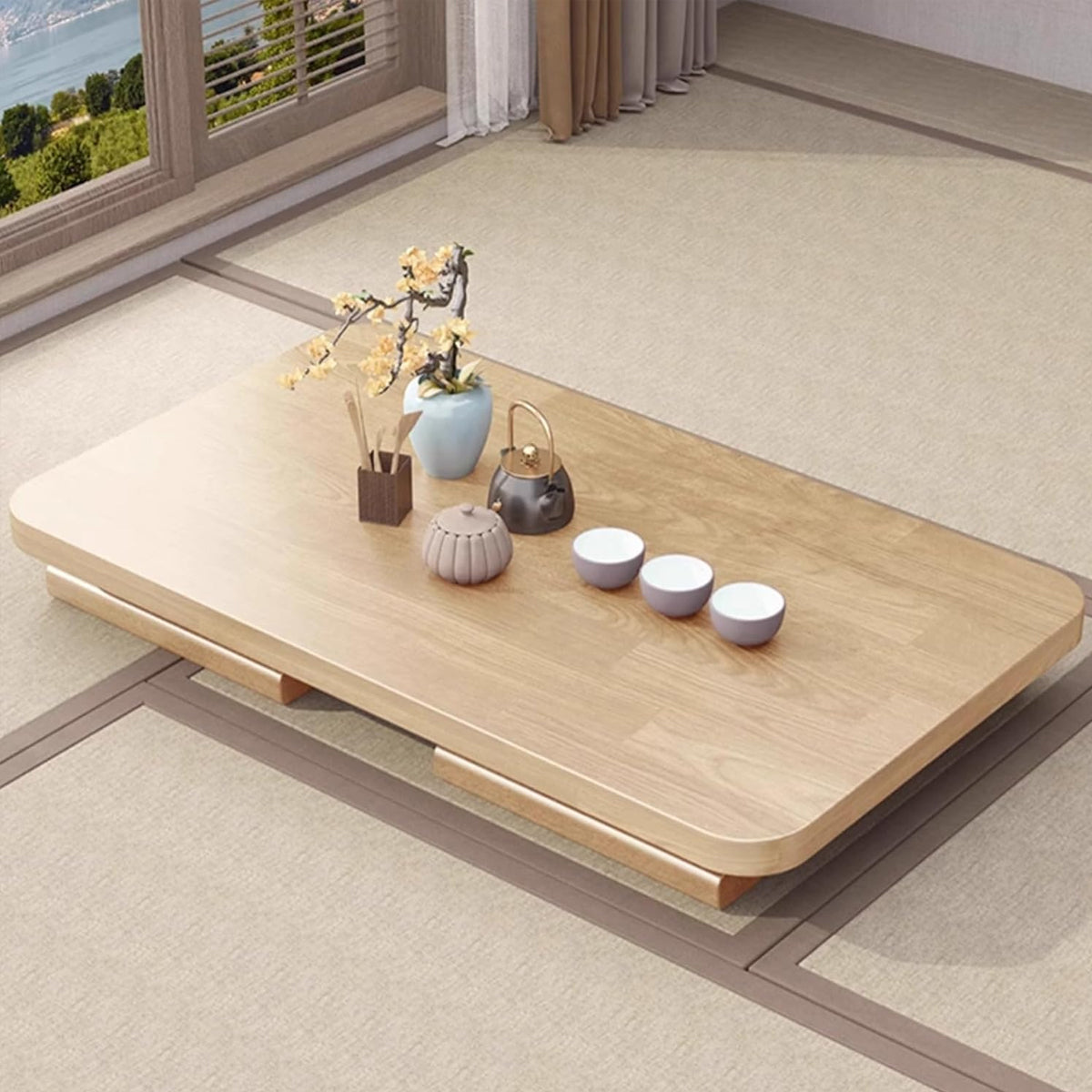Foldable Solid Wood Low Table with Compact Space-Saving Design