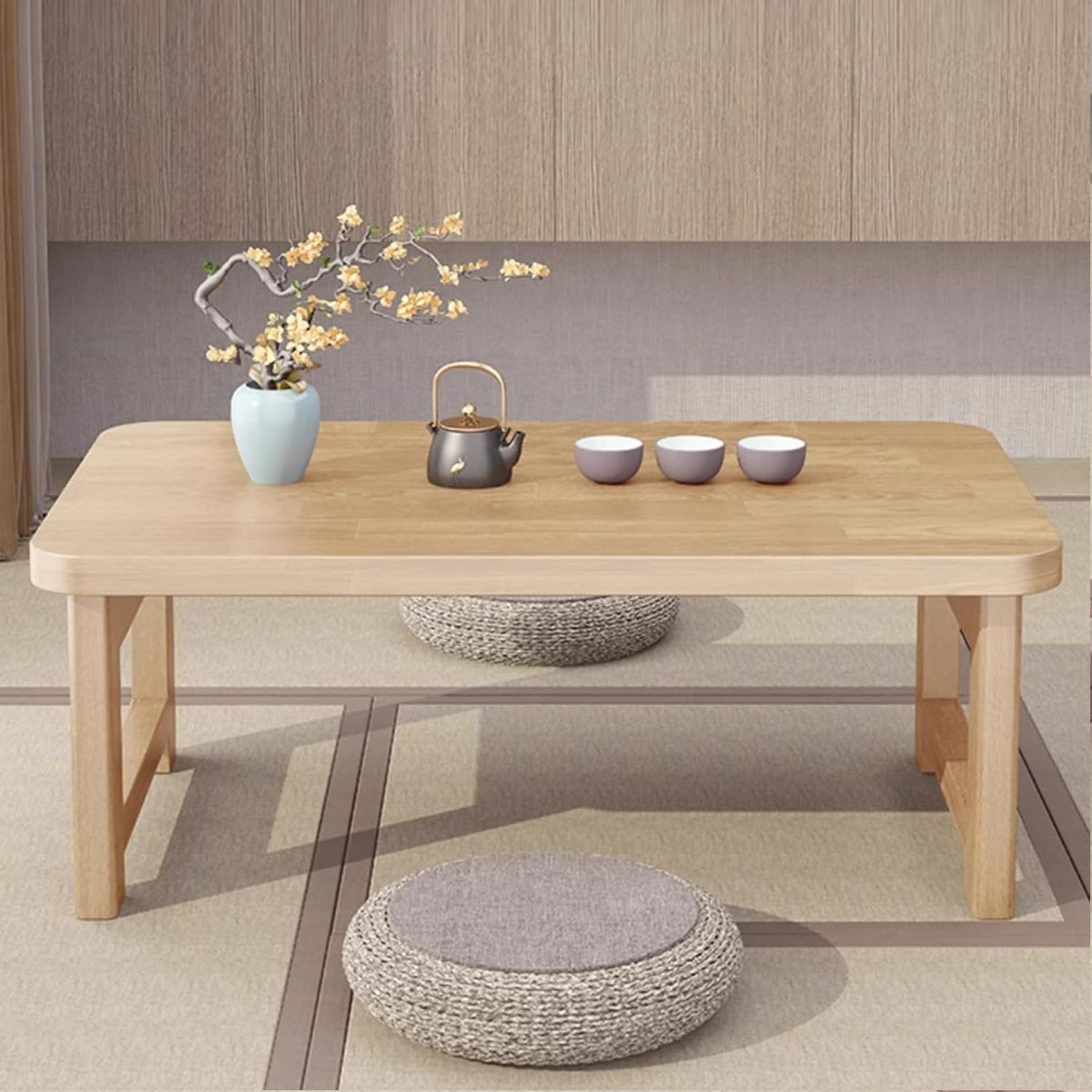 Foldable Solid Wood Low Table with Compact Space-Saving Design