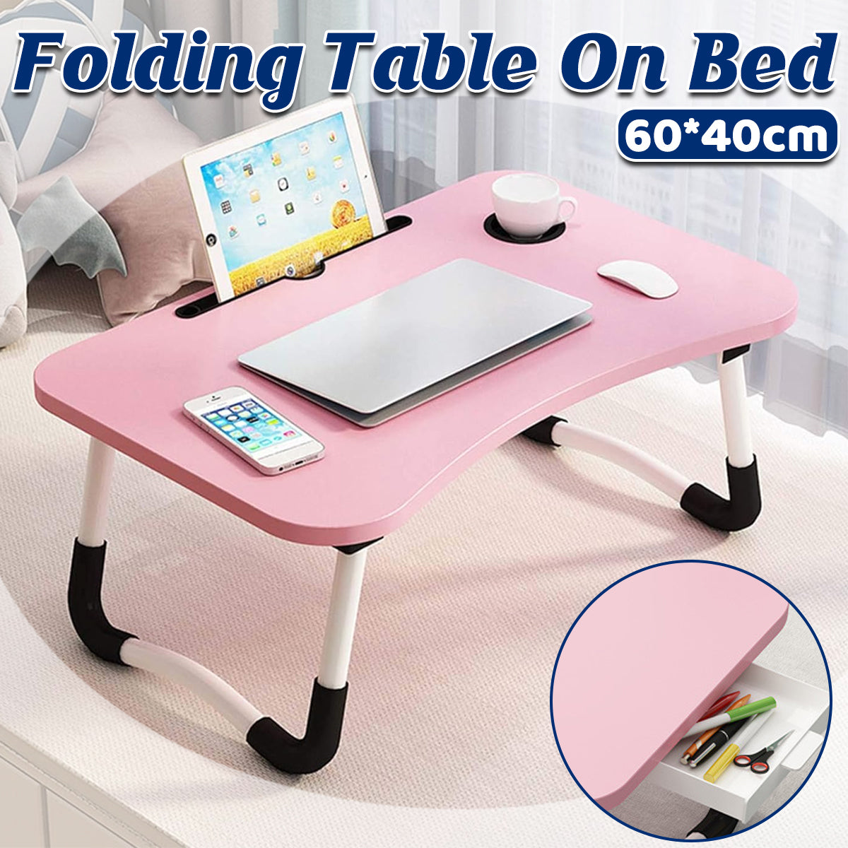 Foldable Overbed Laptop Table with Drawer