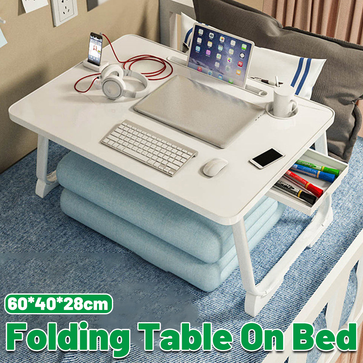 Folding Bed Desk Portable Floor Table with Drawer for Small Spaces