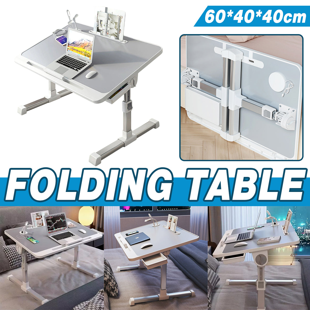 Laptop Bed Tray Desk Adjustable with USB Port for Work and Study