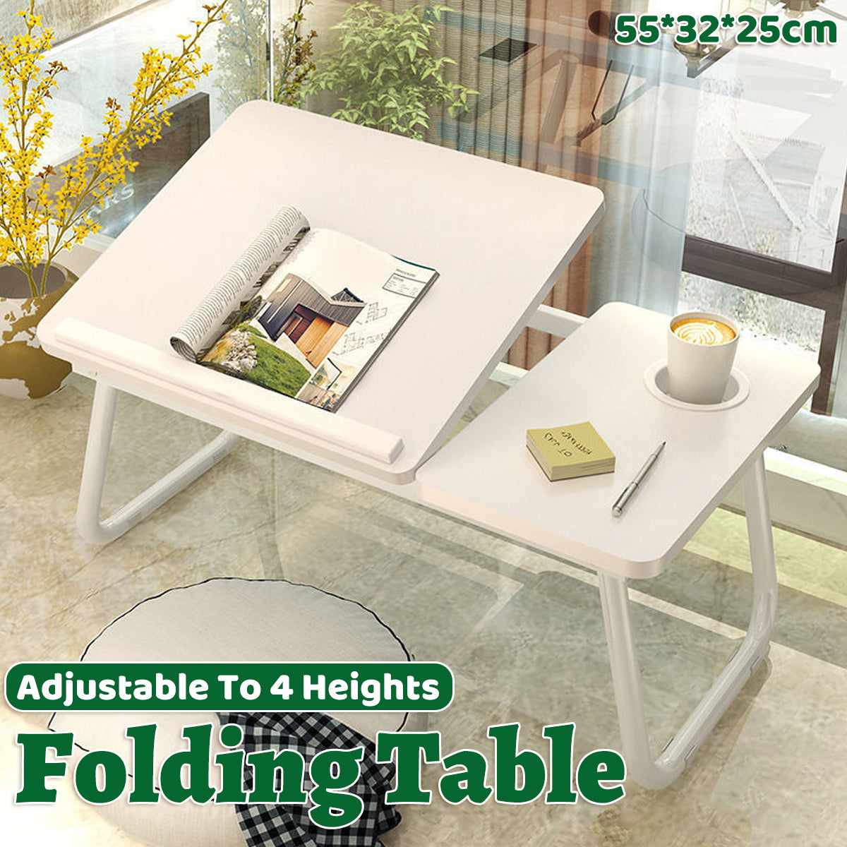 Foldable Bedside Laptop Desk with Adjustable Angle and Cup Holder