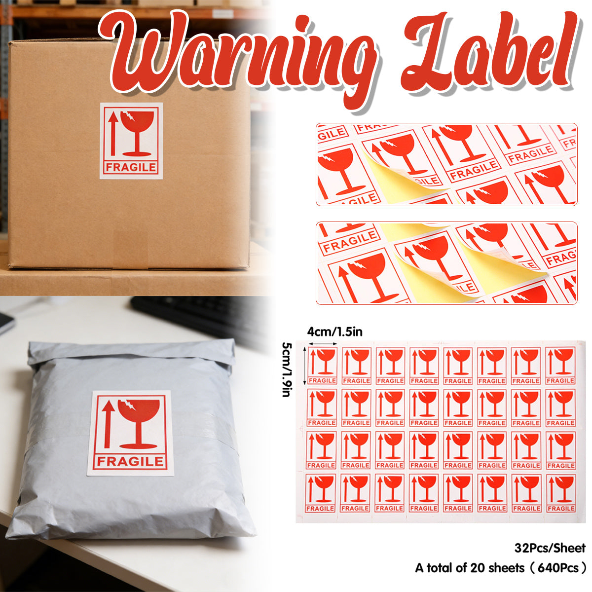 Fragile Sticker Labels 640pcs Self Adhesive