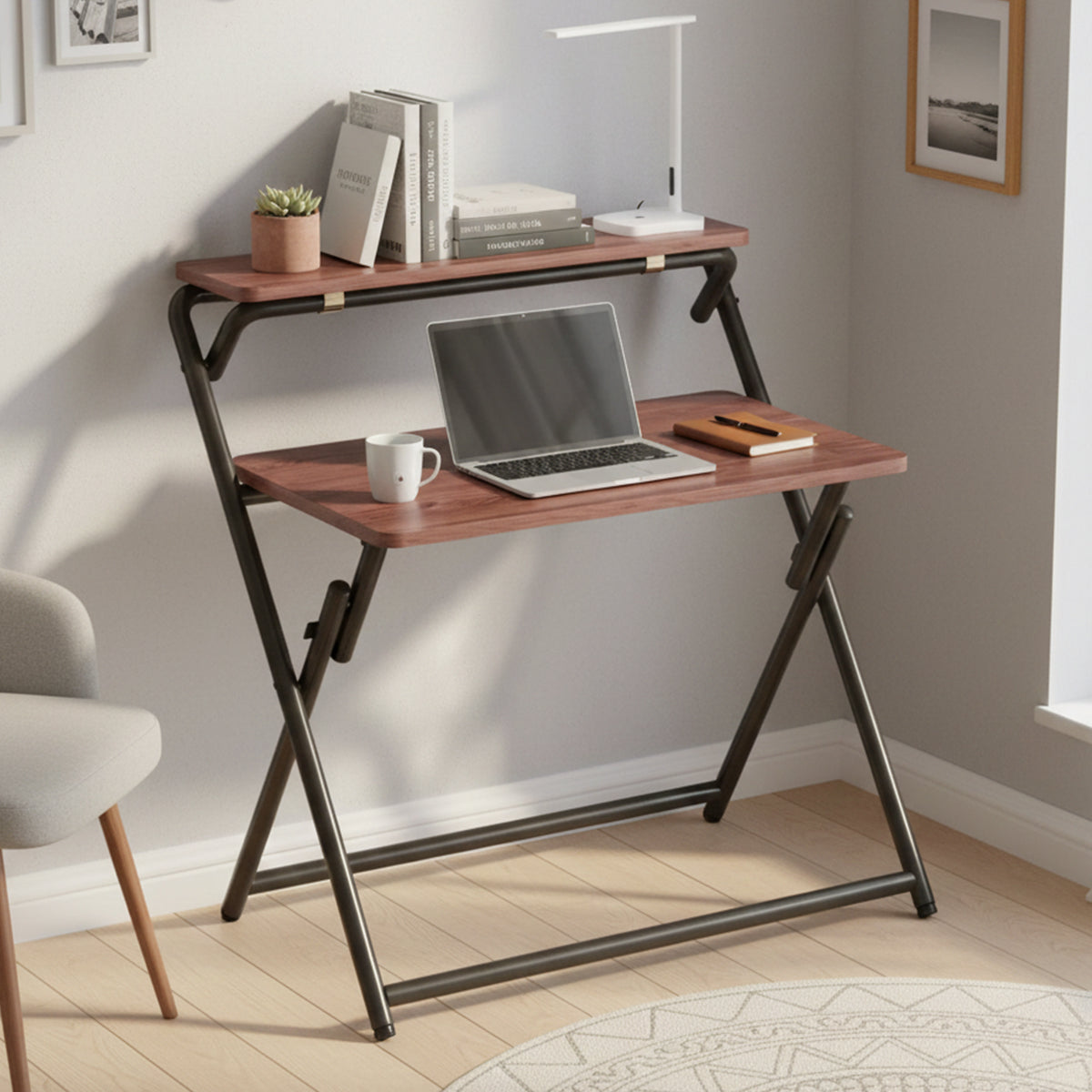 Double Layer Foldable Desk with Metal Frame Study