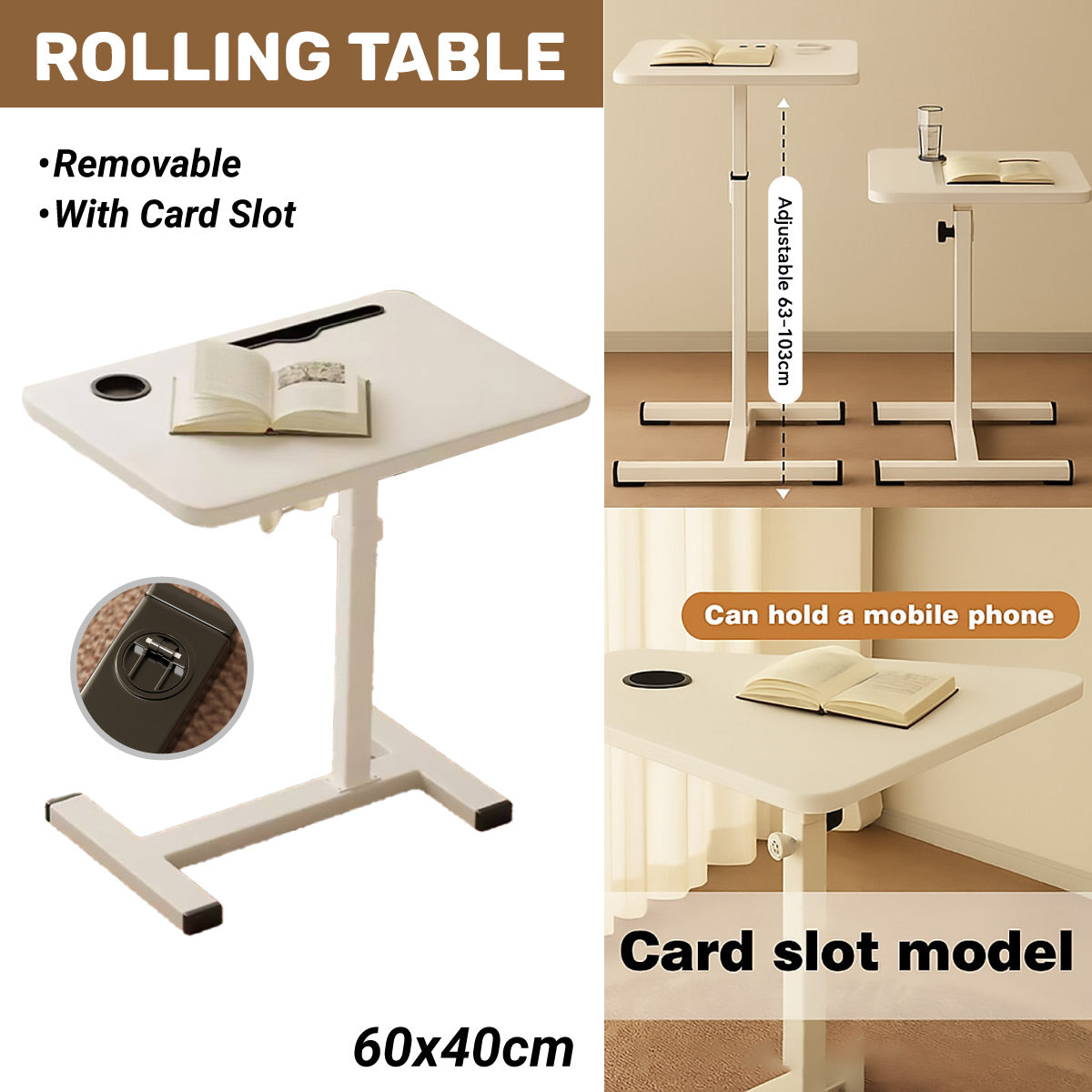 Rolling Bedside Table with Adjustable Height and Foldable Design