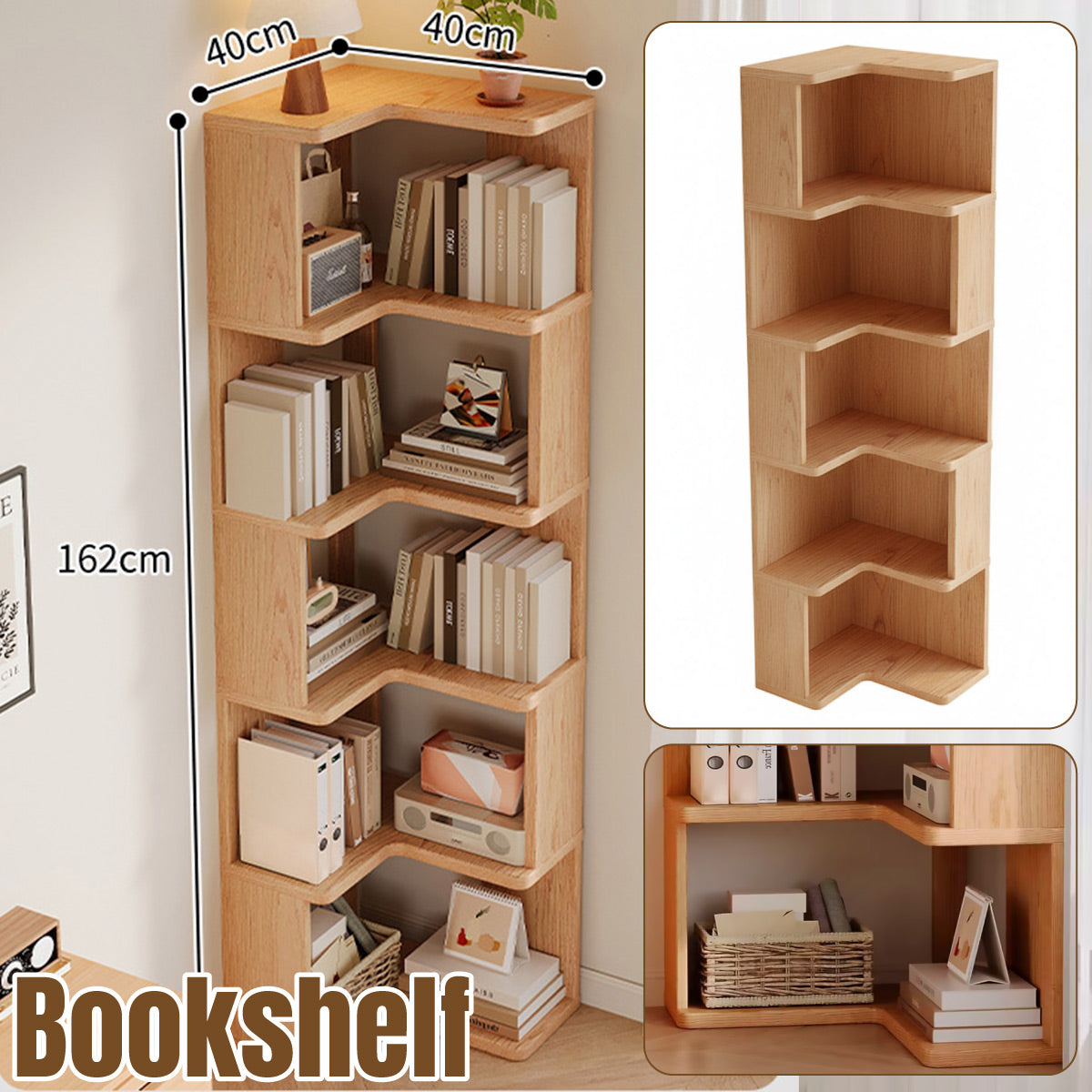 5-Shelf Corner Bookcase Natural Wood Space Saving