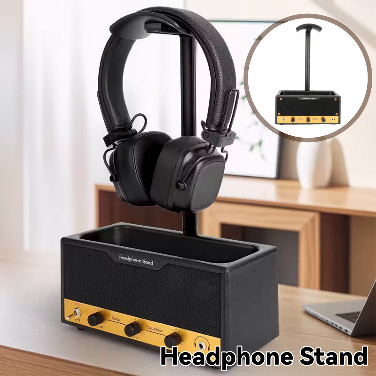 Vintage Headphone Stand with Storage Box Desk Setup