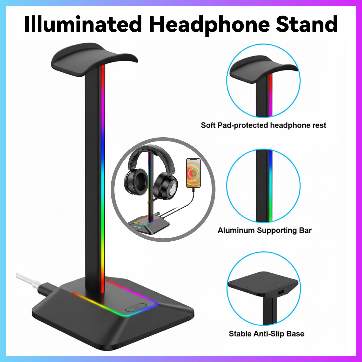 RGB Headphone Stand with USB 3.0 Hub and Type-C Ports