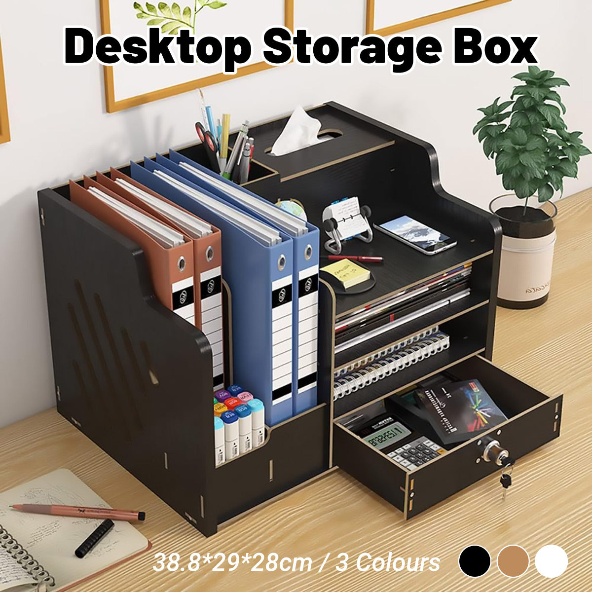 Wooden Desktop Organizer Locking Drawer File Slots