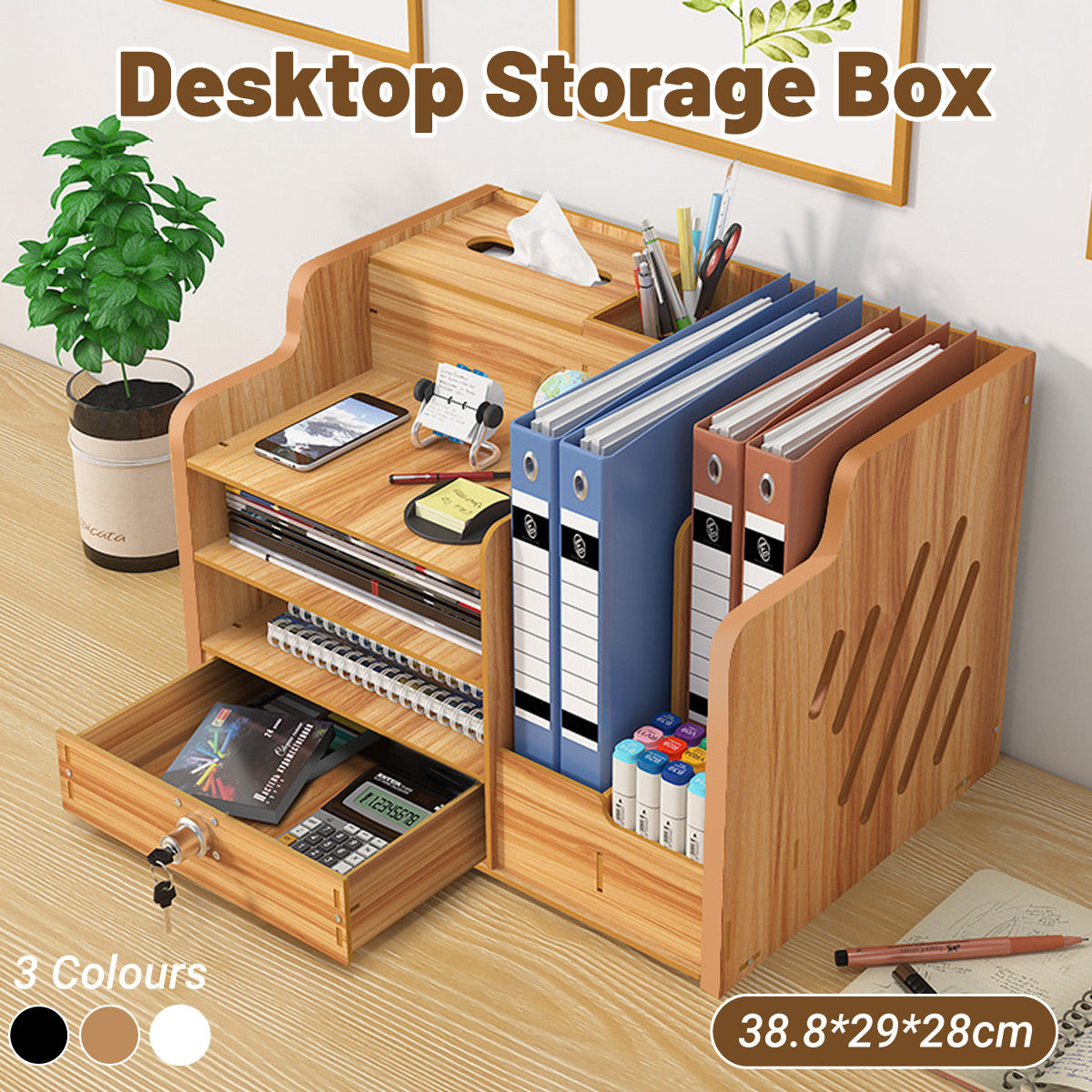 Wooden Desktop Organizer Locking Drawer File Slots