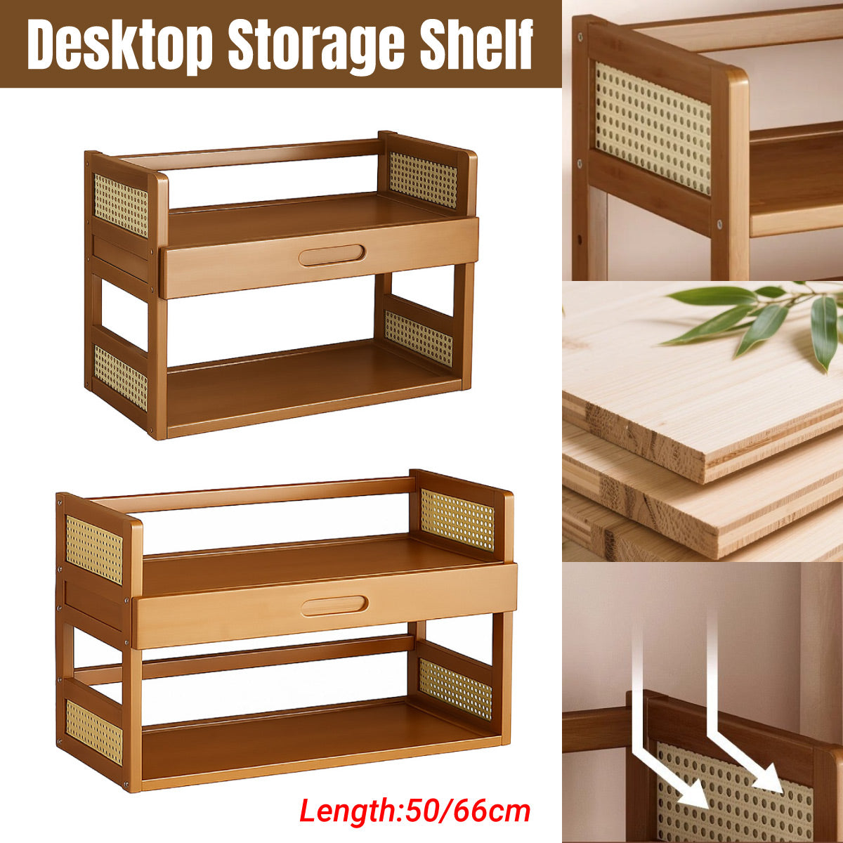 2-Tier Bamboo Desktop Storage Shelf with Drawer