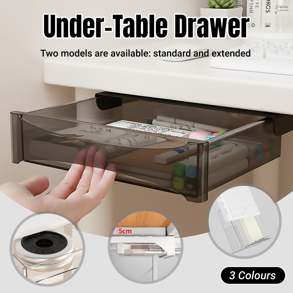 Under-Table Hidden Drawer with 5kg Load for Desk