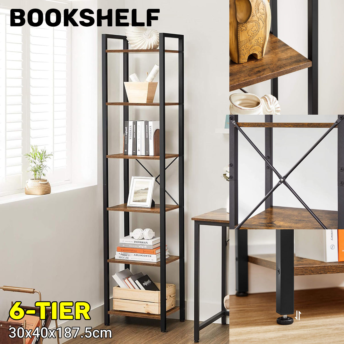 6-Tier Corner Bookshelf with Metal Frame Small Rooms