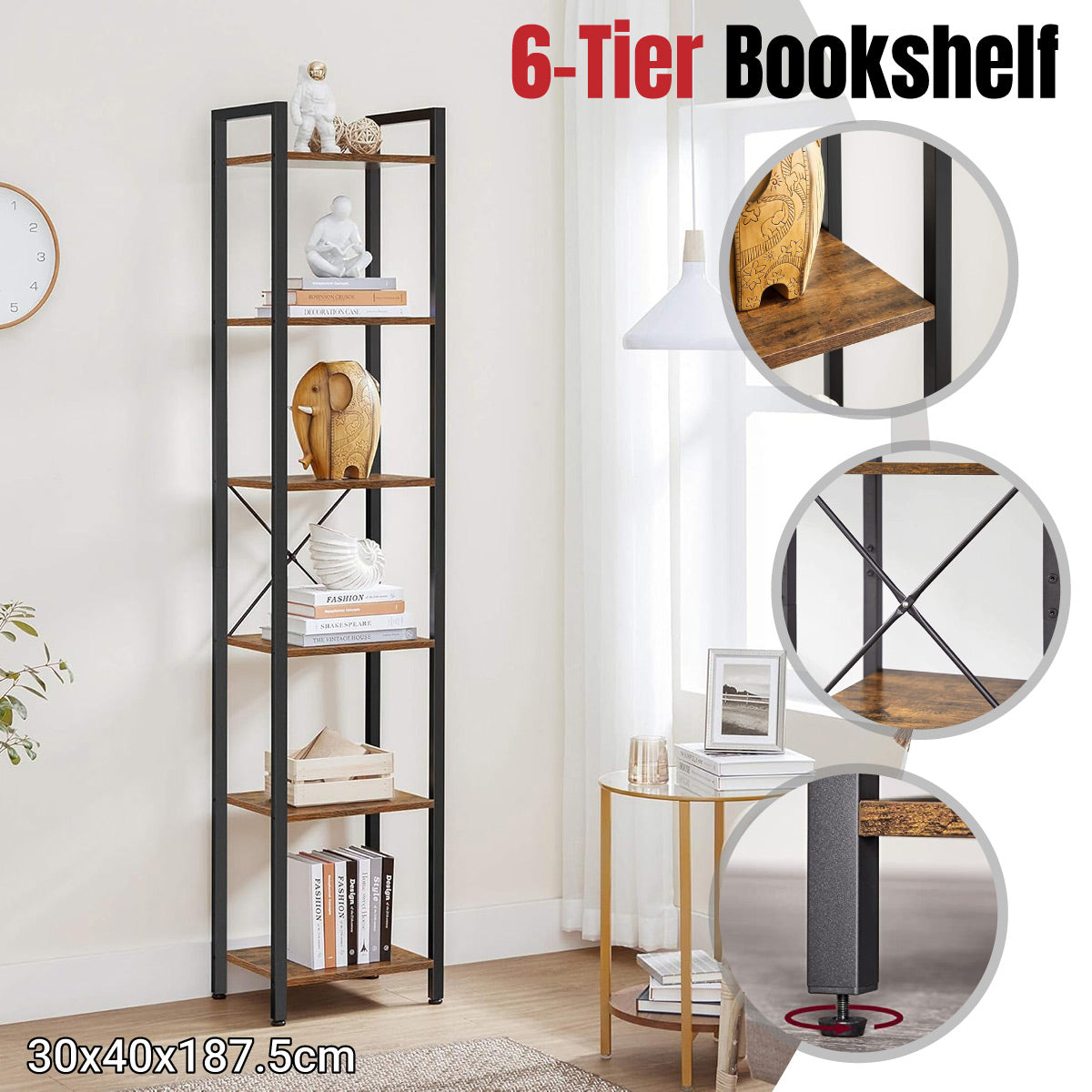 6-Tier Corner Bookshelf with Metal Frame Small Rooms