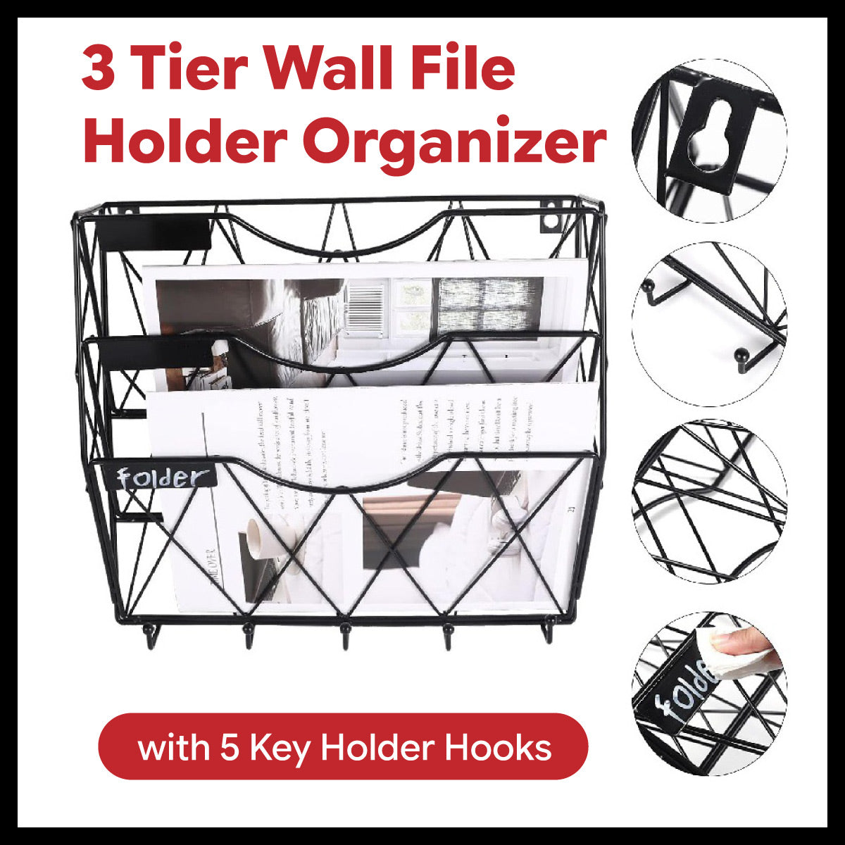 3-Tier Wall Mounted File Magazine Rack for Office