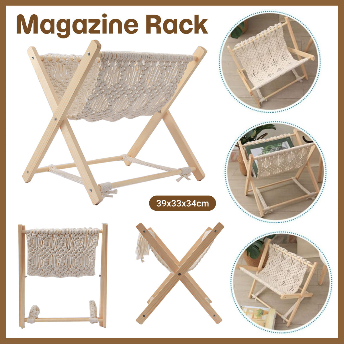 Foldable Cotton Rope Magazine Rack with Wood Frame