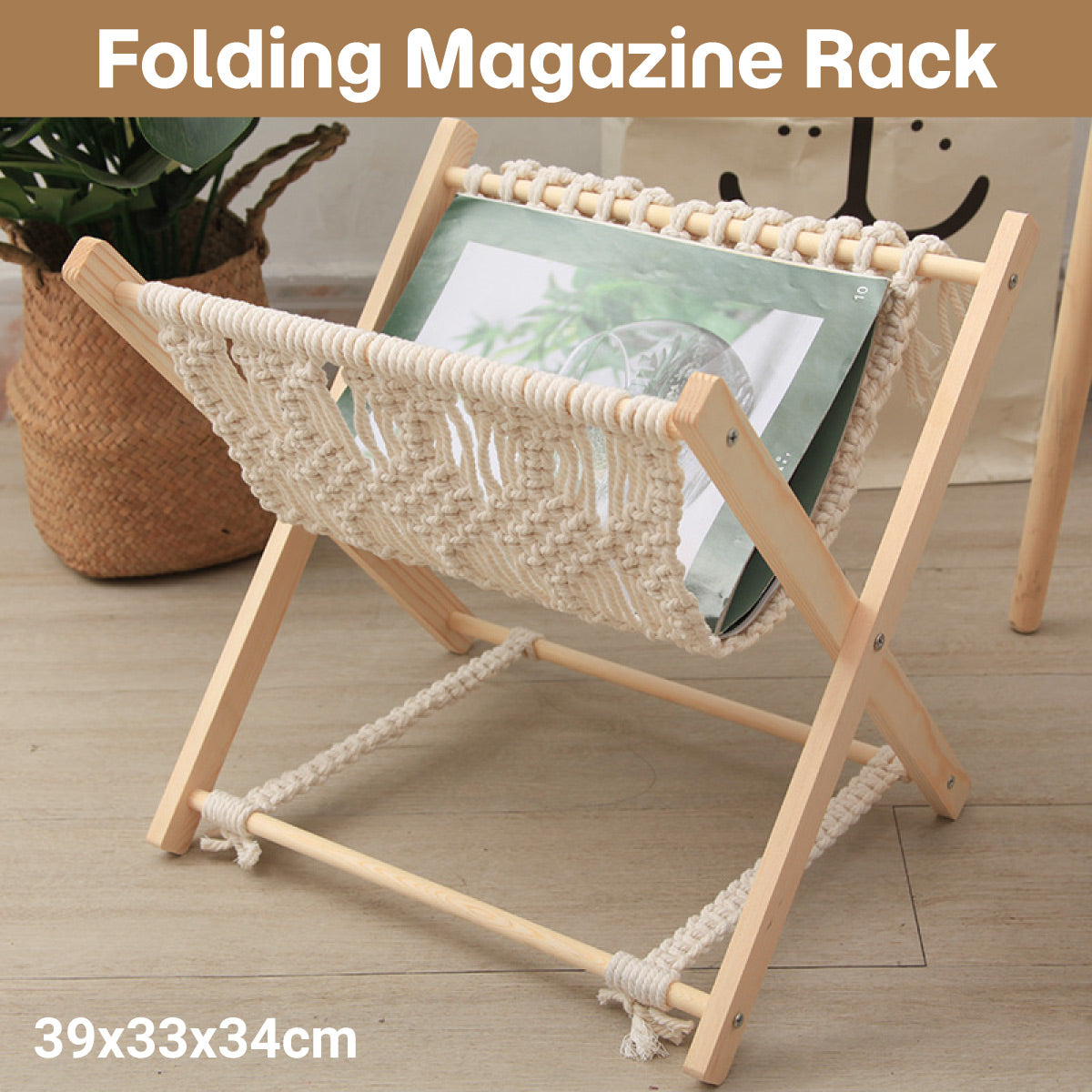 Foldable Cotton Rope Magazine Rack with Wood Frame