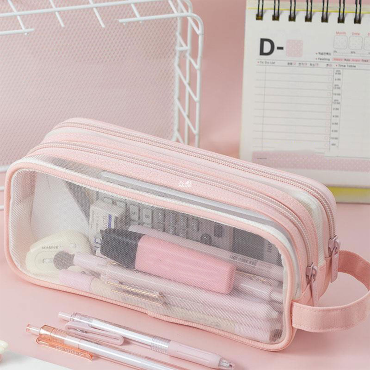 Transparent Mesh Pencil Case Large Capacity Metal Zippers