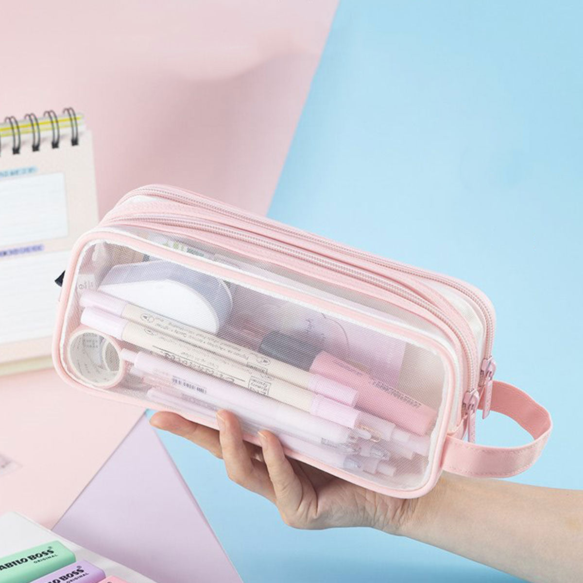 Transparent Mesh Pencil Case Large Capacity Metal Zippers