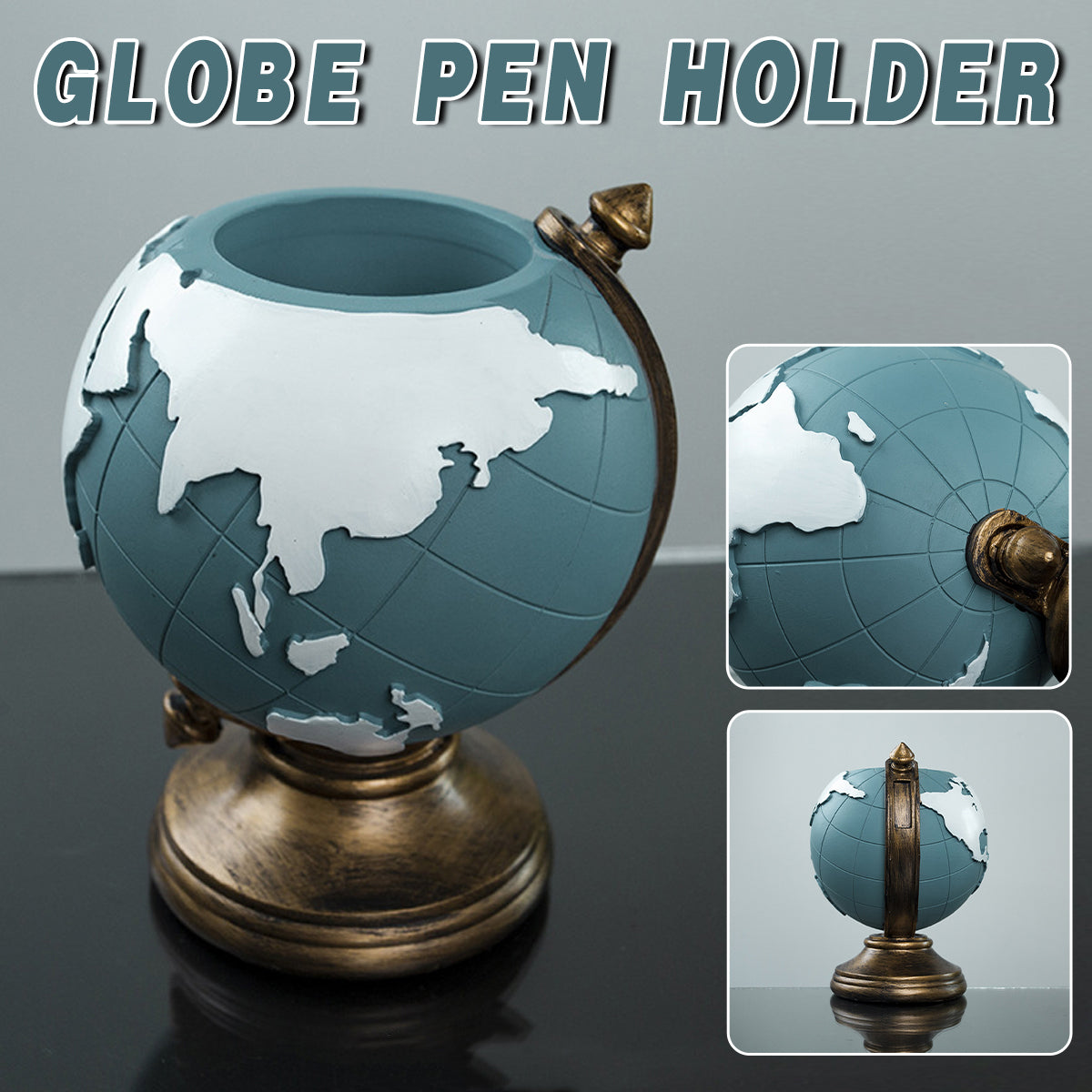 Resin Globe Pen Holder European Style Blue with Bronze Accents